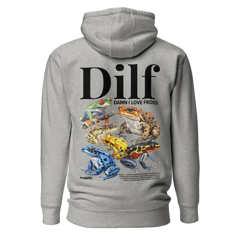 "Damn I Love Frogs" hoodie in Heather Dust, showcasing a vibrant frog design and the playful DILF text.