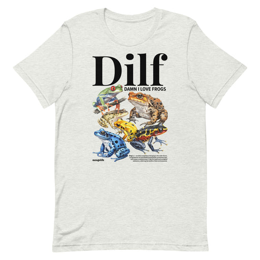 "Damn I Love Frogs" t-shirt in Ash, adorned with colorful frog designs and the acronym DILF.