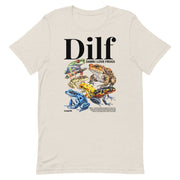 "Damn I Love Frogs" t-shirt in Heather Dust, adorned with colorful frog designs and the acronym DILF.