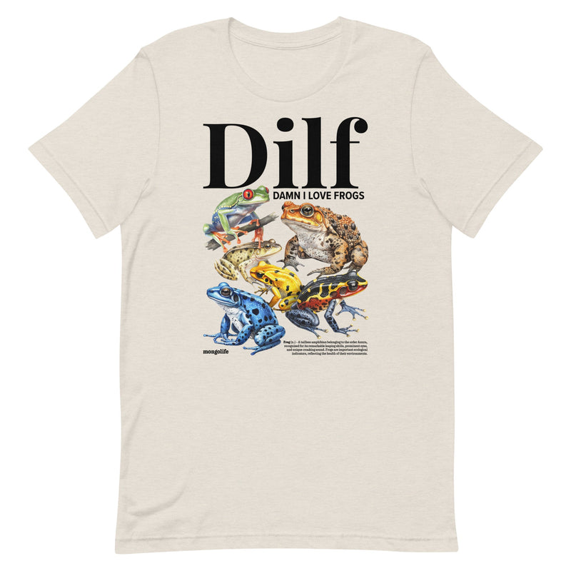 "Damn I Love Frogs" t-shirt in Heather Dust, adorned with colorful frog designs and the acronym DILF.