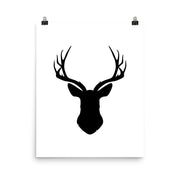 Poster featuring a black deer head silhouette on a white background.
