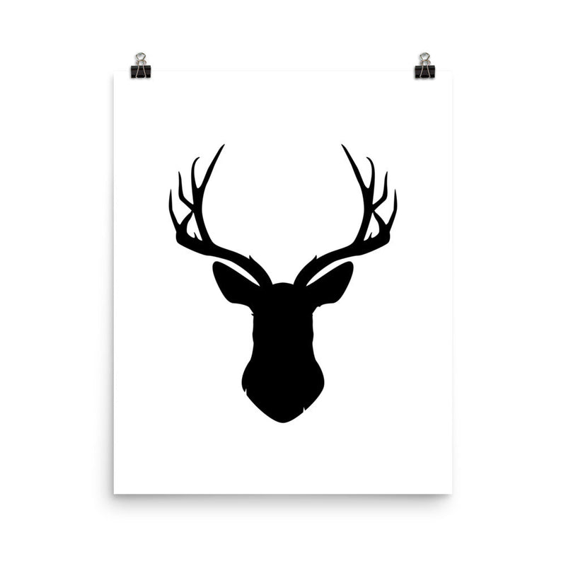 Poster featuring a black deer head silhouette on a white background.