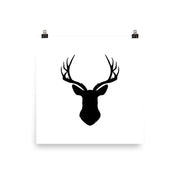 Square poster featuring a black deer head silhouette on a white background.