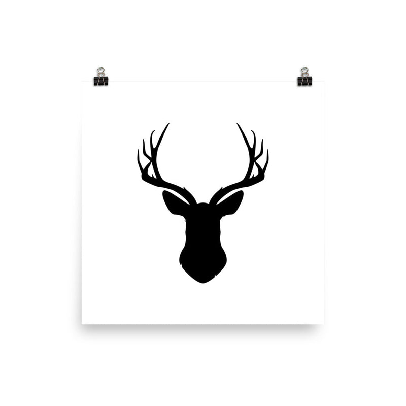 Square poster featuring a black deer head silhouette on a white background.