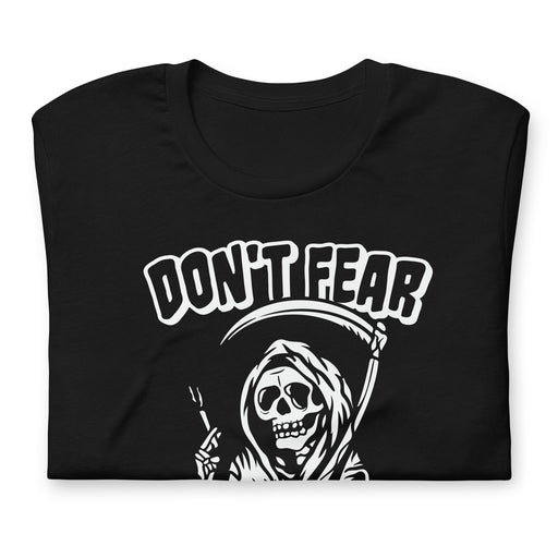 folded White design of a grim reaper smoking a joint on a black unisex t-shirt for Halloween.