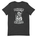 White design of a grim reaper smoking a joint on a dark heather gray unisex t-shirt for Halloween.