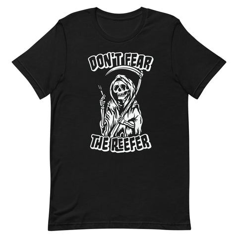 White design of a grim reaper smoking a joint on a black unisex t-shirt for Halloween.