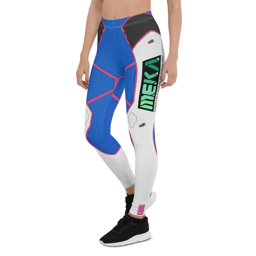 Woman wearing and modeling Leggings inspired by the character D.Va from Overwatch, featuring her distinctive colors and style.