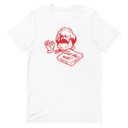 White Eat The Rich Shirt with Karl Marx as a Pizza Box Chef in red color