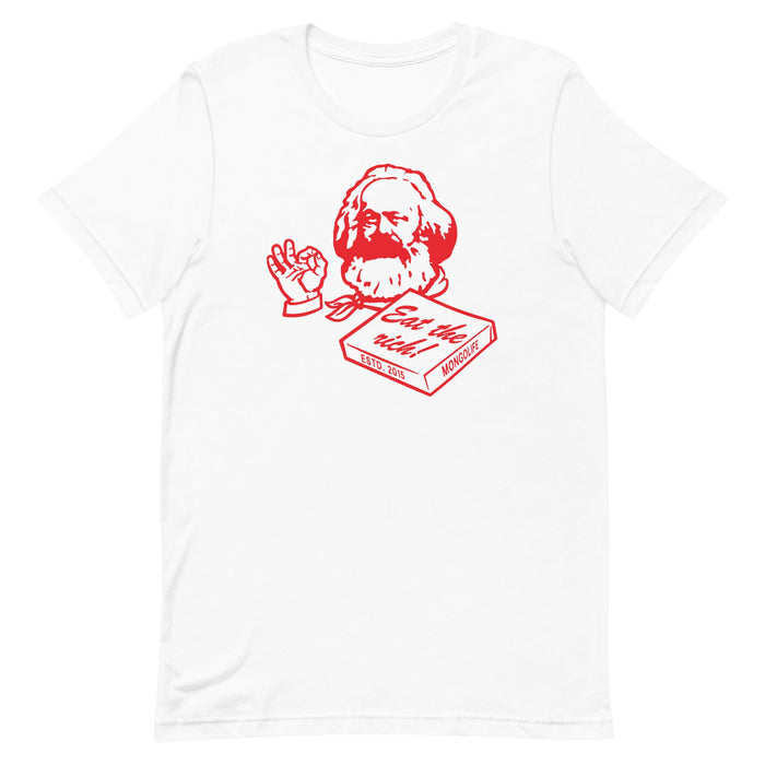White Eat The Rich Shirt with Karl Marx as a Pizza Box Chef in red color
