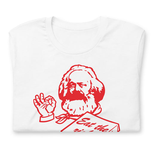 White Eat The Rich Shirt with Karl Marx as a Pizza Box Chef in red color folded