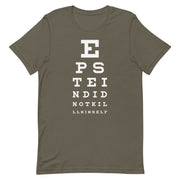 t-shirt with "Epstein Eye Test" design, political