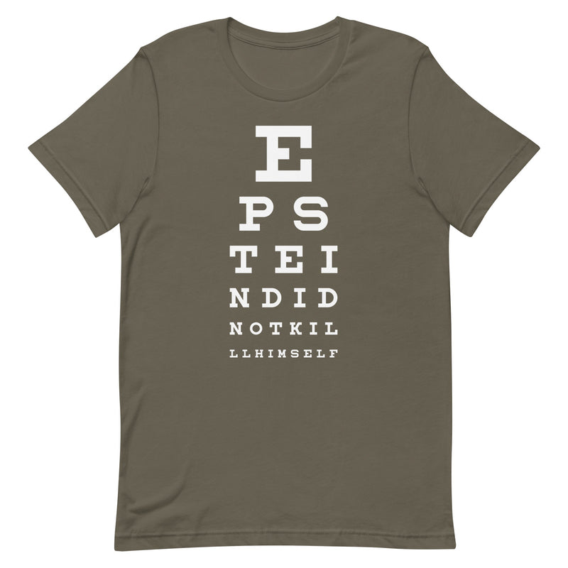 t-shirt with "Epstein Eye Test" design, political