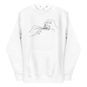 Black and white line art of two hands rolling a joint with flowers, meticulously embroidered on the front chest of a soft, sustainable white hoodie.