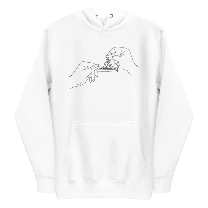 Black and white line art of two hands rolling a joint with flowers, meticulously embroidered on the front chest of a soft, sustainable white hoodie.