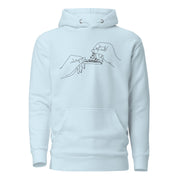 Black and white line art of two hands rolling a joint with flowers, meticulously embroidered on the front chest of a soft, sustainable baby blue hoodie mocked up