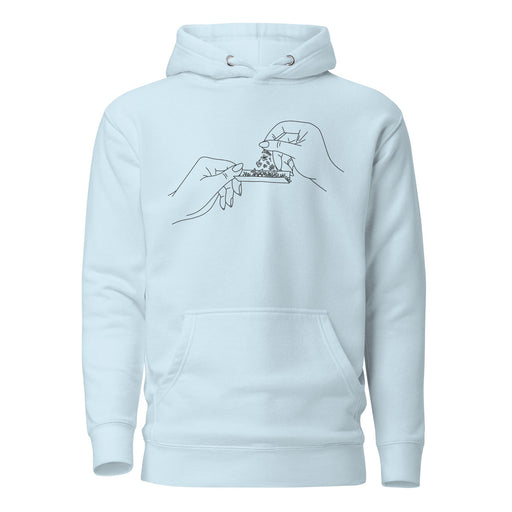 Black and white line art of two hands rolling a joint with flowers, meticulously embroidered on the front chest of a soft, sustainable baby blue hoodie mocked up