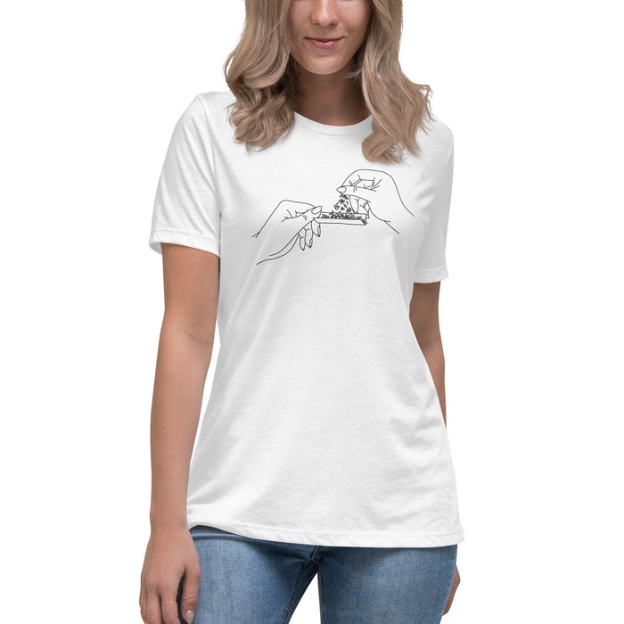 Model wearing a Relaxed T-Shirt featuring a black and white line art design of two hands rolling a floral joint.