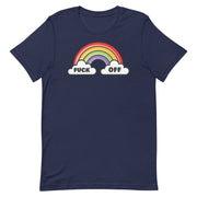 Navy blue Cartoon rainbow with clouds reading "F*CK OFF" on a colorful and humorous t-shirt, ideal for a fun and outspoken fashion statement.