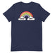 Navy blue Cartoon rainbow with clouds reading "F*CK OFF" on a colorful and humorous t-shirt, ideal for a fun and outspoken fashion statement.
