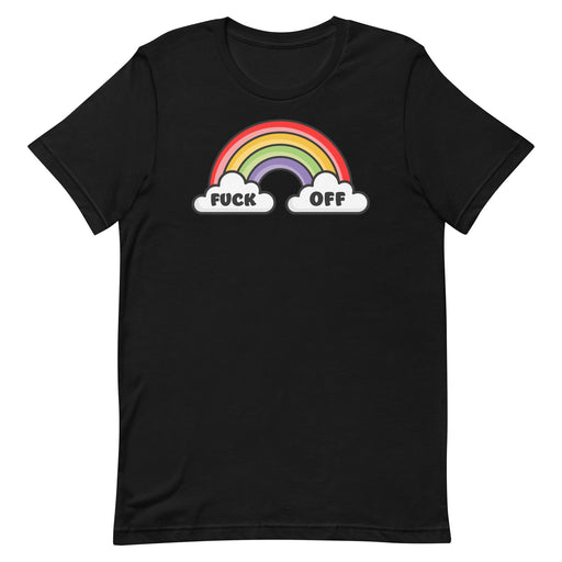 Cartoon rainbow with clouds reading "F*CK OFF" on a colorful and humorous t-shirt, ideal for a fun and outspoken fashion statement.