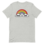 Athletic Heather - Cartoon rainbow with clouds reading "F*CK OFF" on a colorful and humorous t-shirt, ideal for a fun and outspoken fashion statement.