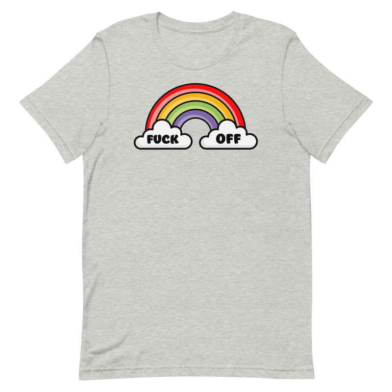 Athletic Heather - Cartoon rainbow with clouds reading "F*CK OFF" on a colorful and humorous t-shirt, ideal for a fun and outspoken fashion statement.