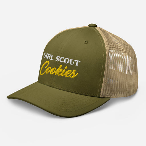 Side view of Girl Scout Cookies Strain Hat - Trucker Cap - Moss and Khaki Colors