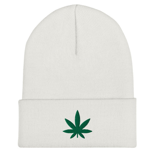 white beanie with an embroidered green cannabis leaf