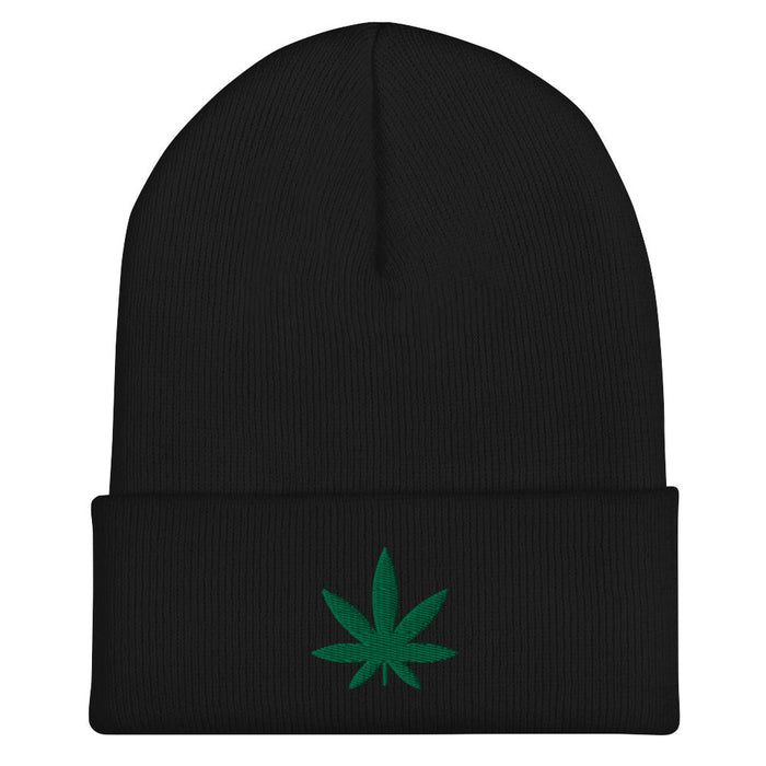 black beanie with an embroidered green cannabis leaf