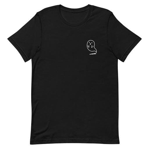 Embroidered T-shirt in black featuring a cute ghost emerging as smoke from a cannabis joint.