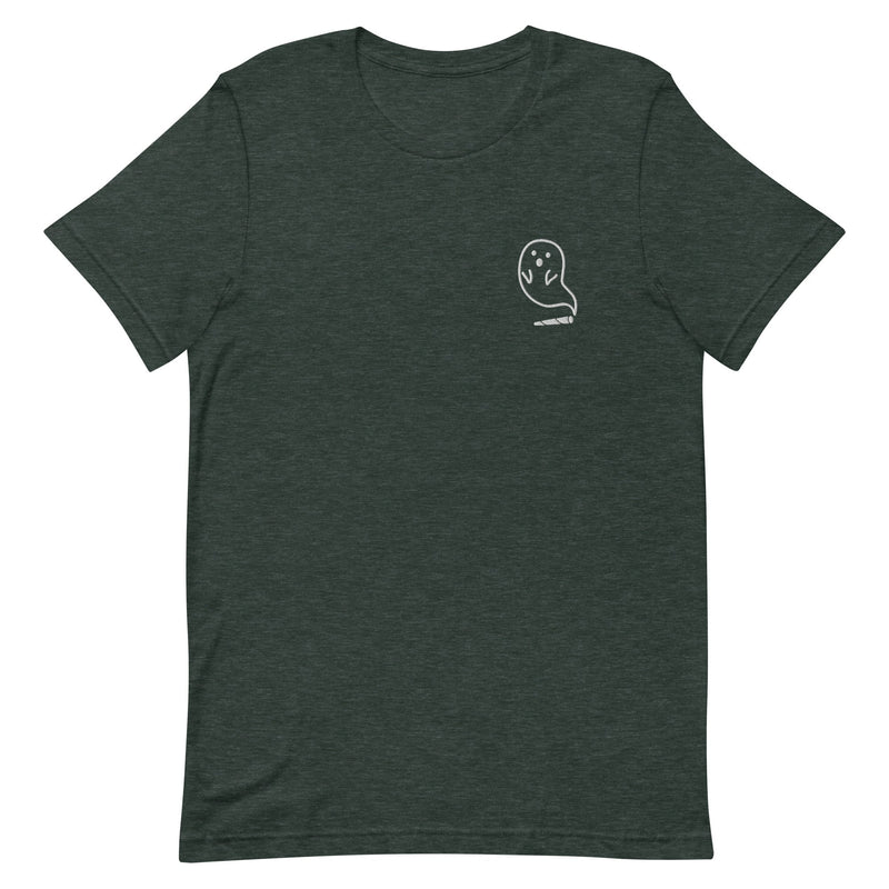 Embroidered T-shirt in heather forest featuring a cute ghost emerging as smoke from a cannabis joint.