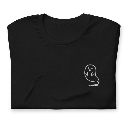 folded Embroidered T-shirt in black featuring a cute ghost emerging as smoke from a cannabis joint.