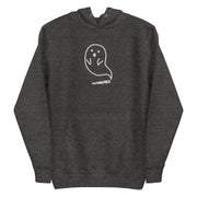 Close-up of the High Spirits Embroidered Hoodie featuring a playful ghost emerging as smoke from a cannabis joint, set against the soft, premium heather grayfabric.