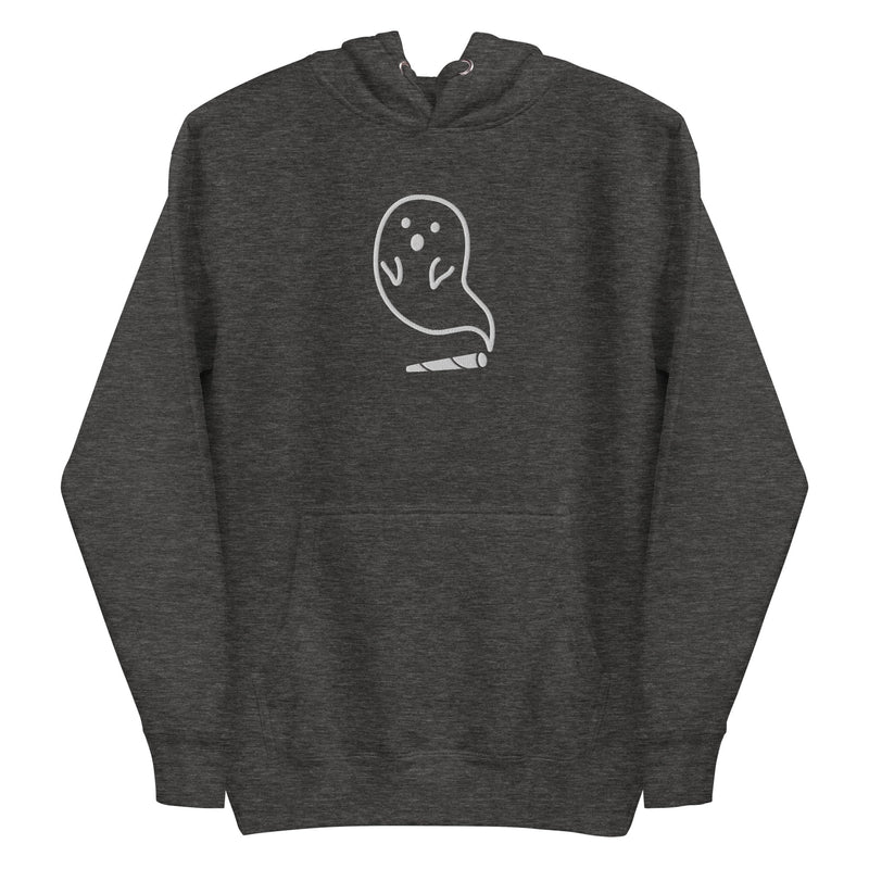 Close-up of the High Spirits Embroidered Hoodie featuring a playful ghost emerging as smoke from a cannabis joint, set against the soft, premium heather grayfabric.