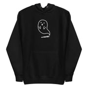 Close-up of the High Spirits Embroidered Hoodie featuring a playful ghost emerging as smoke from a cannabis joint, set against the soft, black premium fabric.