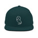 Embroidered ghost design emerging from a cannabis joint on a green snapback hat, perfect for Halloween.