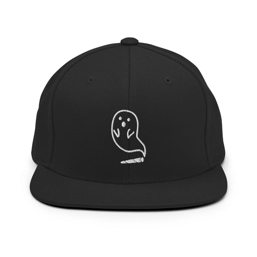 Embroidered ghost design emerging from a cannabis joint on a black snapback hat, perfect for Halloween.