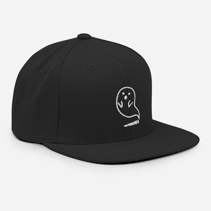 Side view of Embroidered ghost design emerging from a cannabis joint on a black snapback hat, perfect for Halloween.