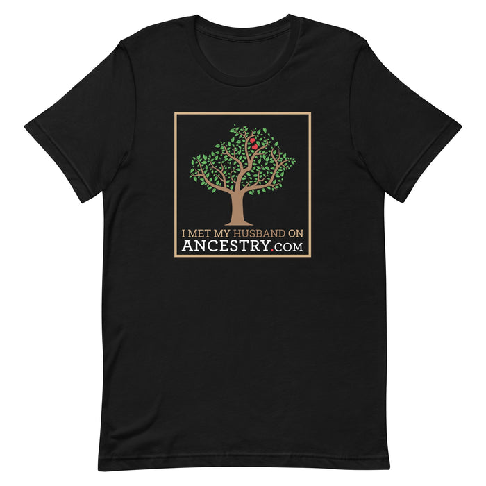 Sarcastic 'I Met My Husband on Ancestry.com' T-Shirt, with the text under a tree, offered in black color