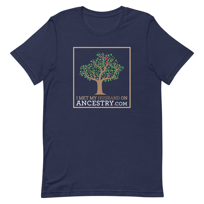 Sarcastic 'I Met My Husband on Ancestry.com' T-Shirt, with the text under a tree, offered in navy colors.