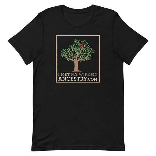Funny 'I Met My Wife on Ancestry.com' T-Shirt, featuring the text under a tree design, available in black