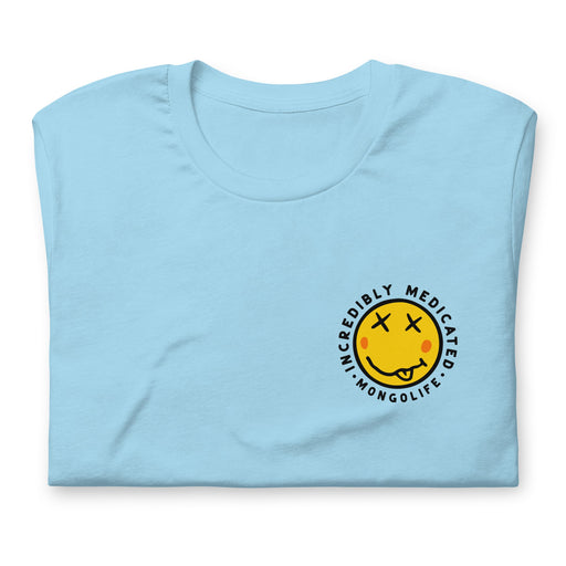 incredibly medicated - stoner smiley - folded weed shirts - ocean blue