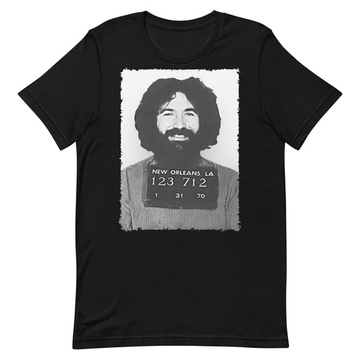 Black t-shirt on a white background, with the mugshot of Jerry Garcia from Grateful Dead. Distressed and grunge edges. Black and white photo.
