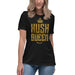 Woman wearing the Kush Queen Women's Relaxed T-Shirt featuring bold faux gold letters, displayed on a white background.
