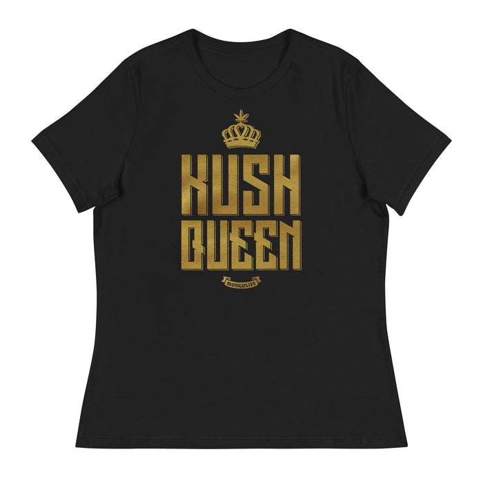 Flat lay of the Kush Queen Women's Relaxed T-Shirt featuring bold faux gold letters, displayed on a white background.