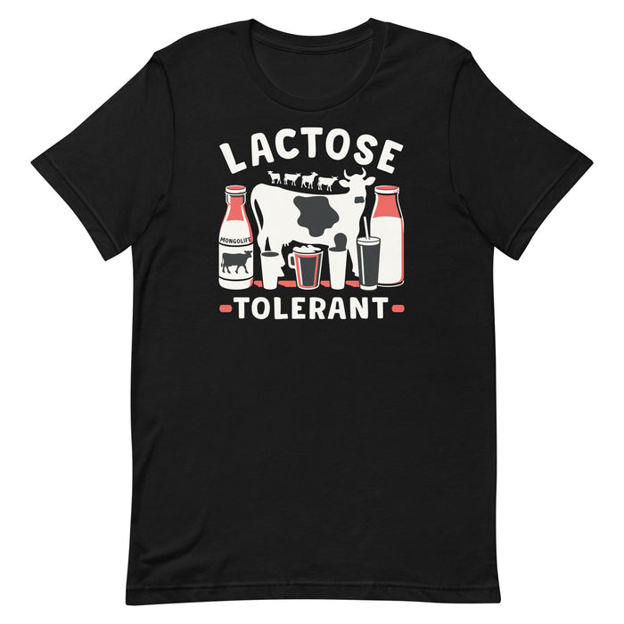 Humorous "Lactose Tolerant" t-shirt, ideal for dairy enthusiasts, with a playful design celebrating the joy of being able to enjoy dairy products.