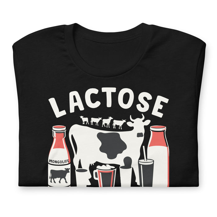 Folded humorous "Lactose Tolerant" t-shirt, ideal for dairy enthusiasts, with a playful design celebrating the joy of being able to enjoy dairy products.