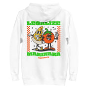 "Legalize Marinara" hoodie, showcasing a smiling pizza and tomato graphic in a pizza box style, with playful text design.