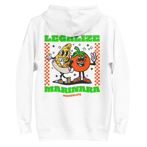 "Legalize Marinara" hoodie, showcasing a smiling pizza and tomato graphic in a pizza box style, with playful text design.